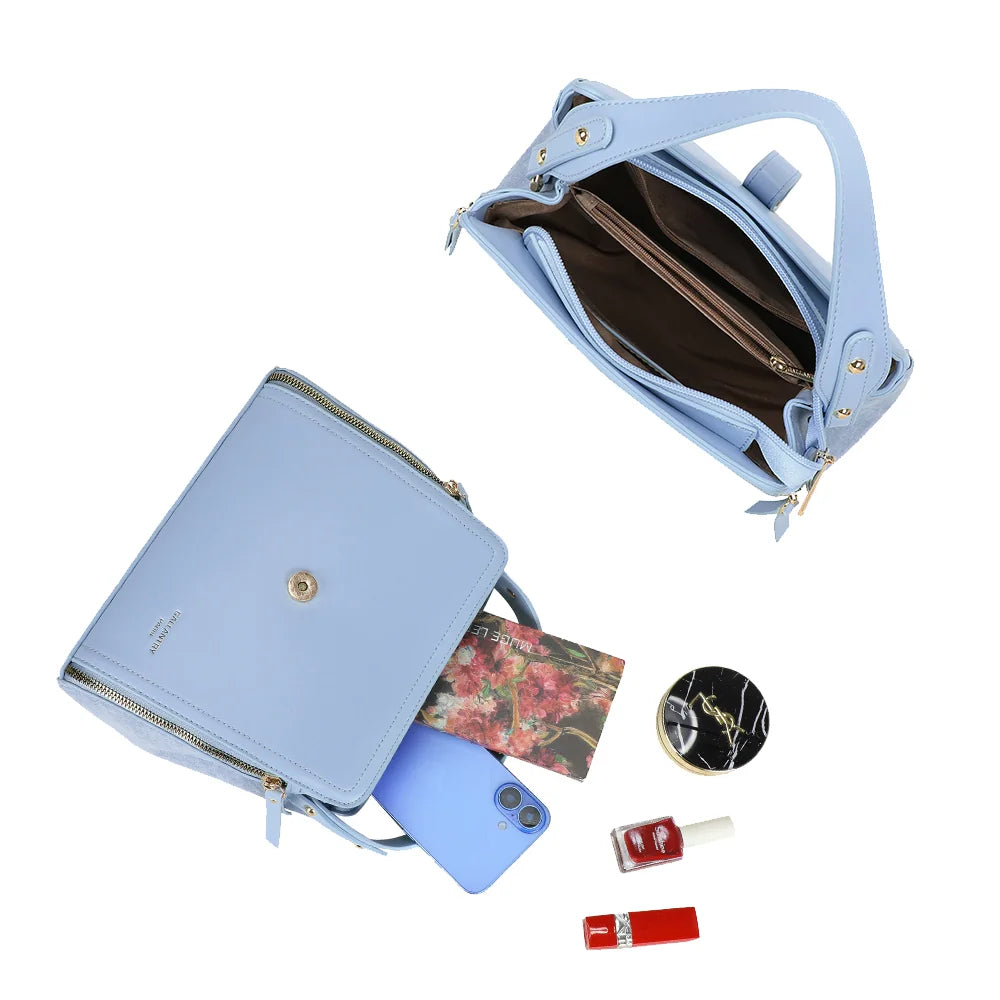 Intérieur du City Square bleu clair : plusieurs compartiments et poche zippée pour ranger vos essentiels – réf. R-2040