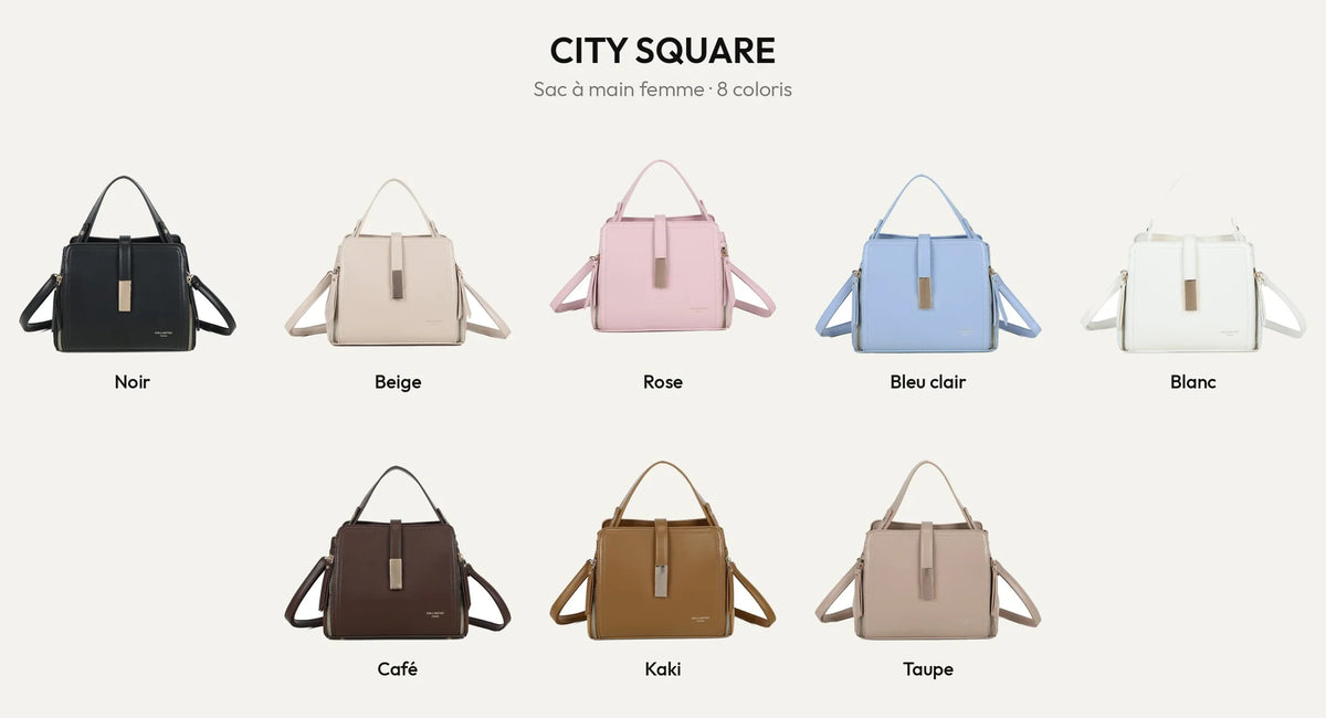 Sac à main City Square en 8 coloris : noir, beige, rose, bleu clair, blanc, coffee, khaki et taupe – Gallantry Paris – réf. R-2040