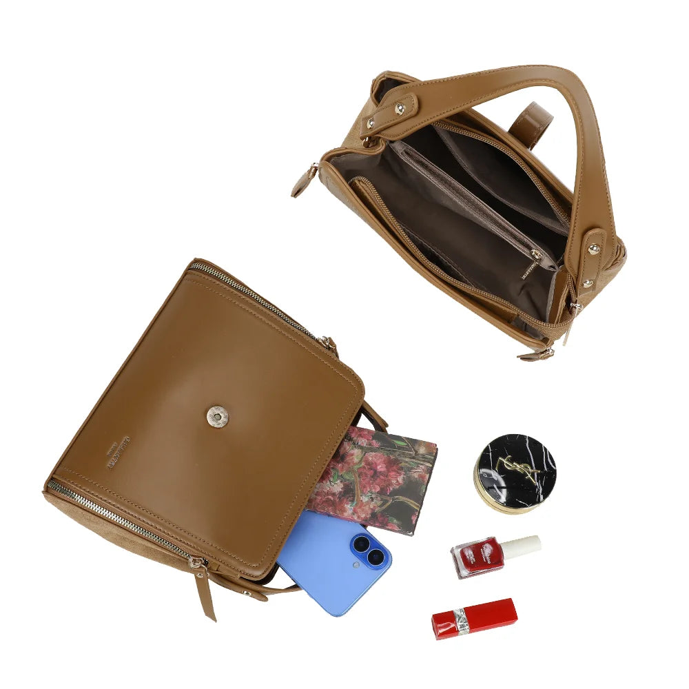 Intérieur du City Square kaki : plusieurs compartiments et poche zippée pour ranger vos essentiels – réf. R-2040