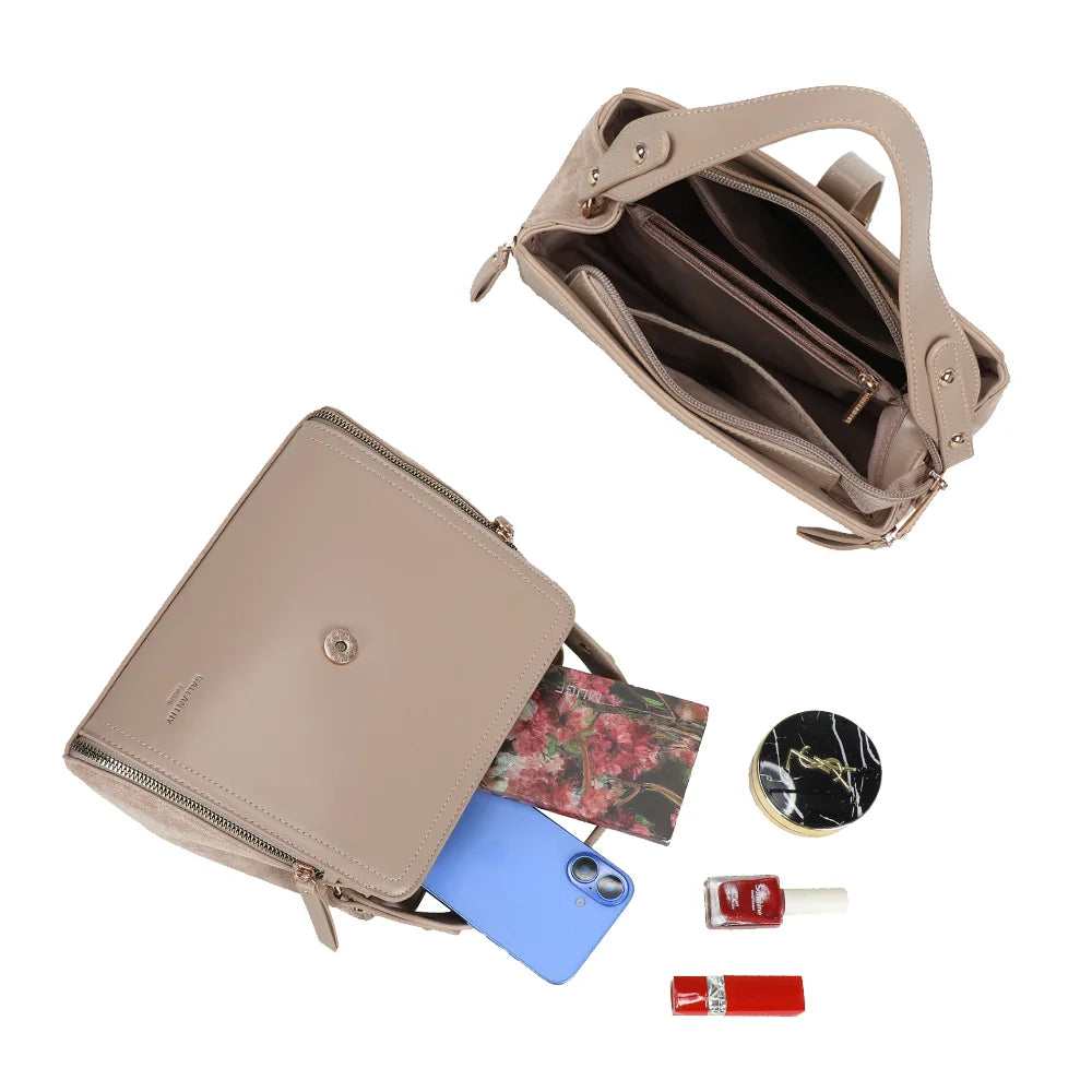 Intérieur du City Square taupe : plusieurs compartiments et poche zippée pour ranger vos essentiels – réf. R-2040