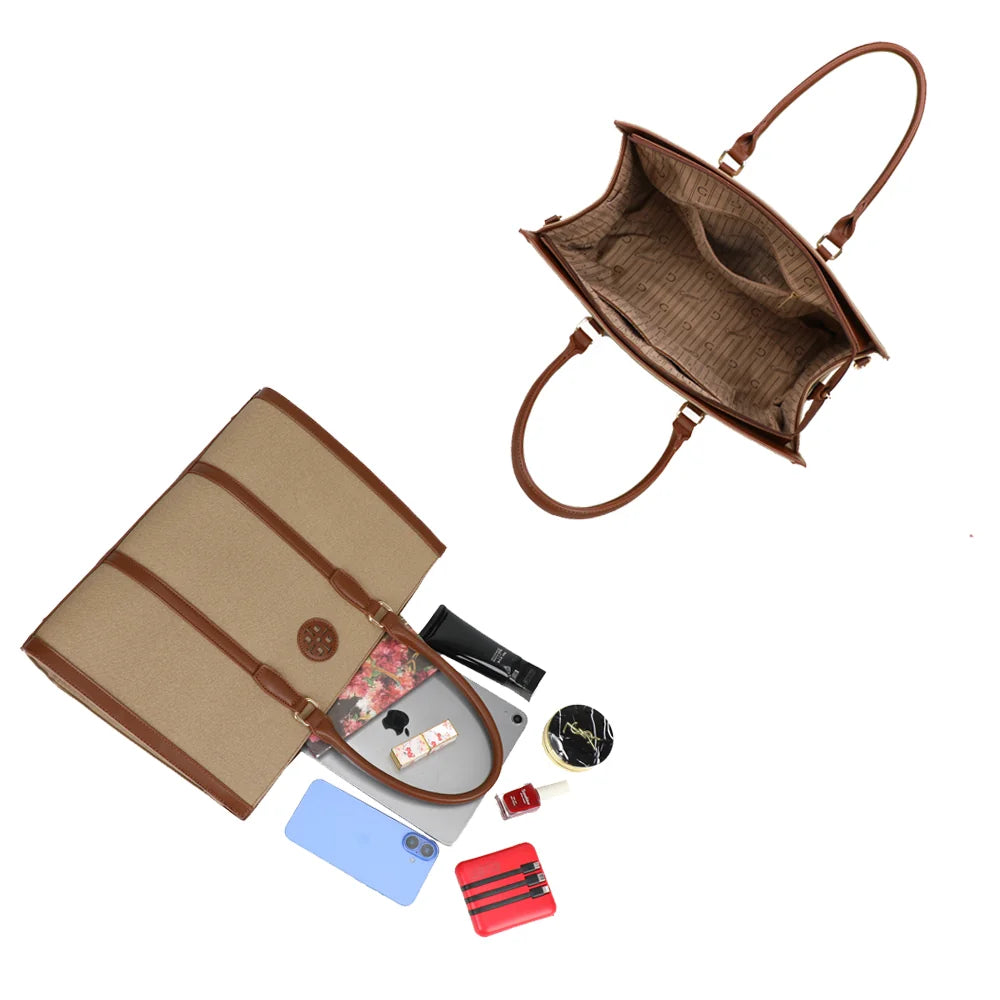 Intérieur du Clara Duo taupe foncé avec poches, assez grand pour un format A4 ou une tablette