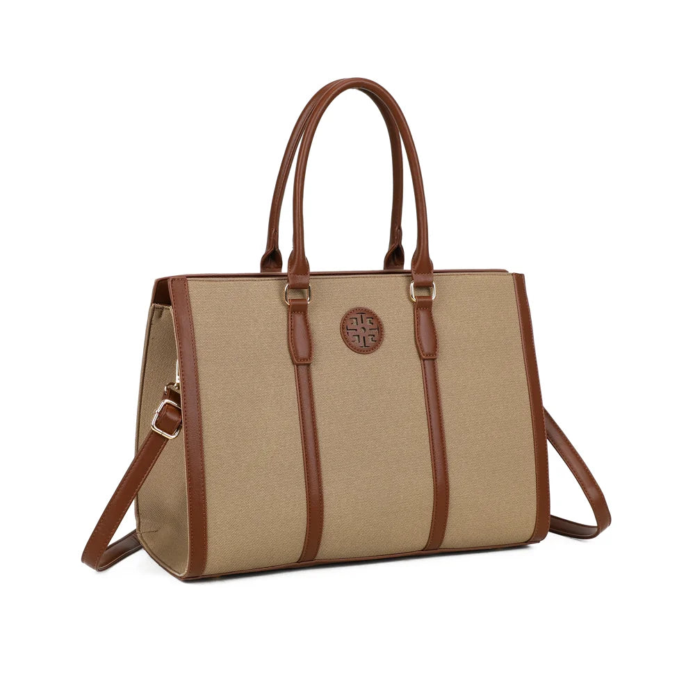 Clara Duo taupe foncé vu de trois-quarts : silhouette structurée et bandes verticales contrastées