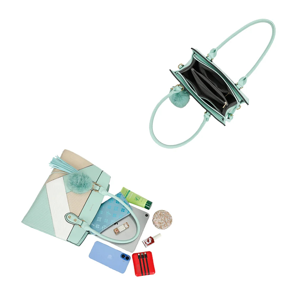 Intérieur du Cléo vert clair : compartiments et poche centrale zippée pour téléphone, portefeuille et tablette – réf. R-1501-4