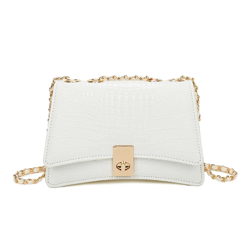 Sac à main femme Corail blanc effet croco, rabat et fermoir tournant doré – Gallantry Paris – réf. R-6661