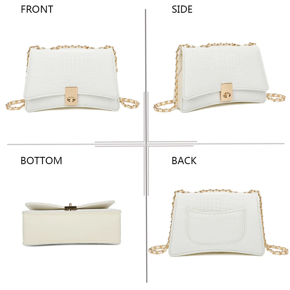 Corail blanc sous quatre angles : face, profil, dessous et dos du sac effet croco – réf. R-6661