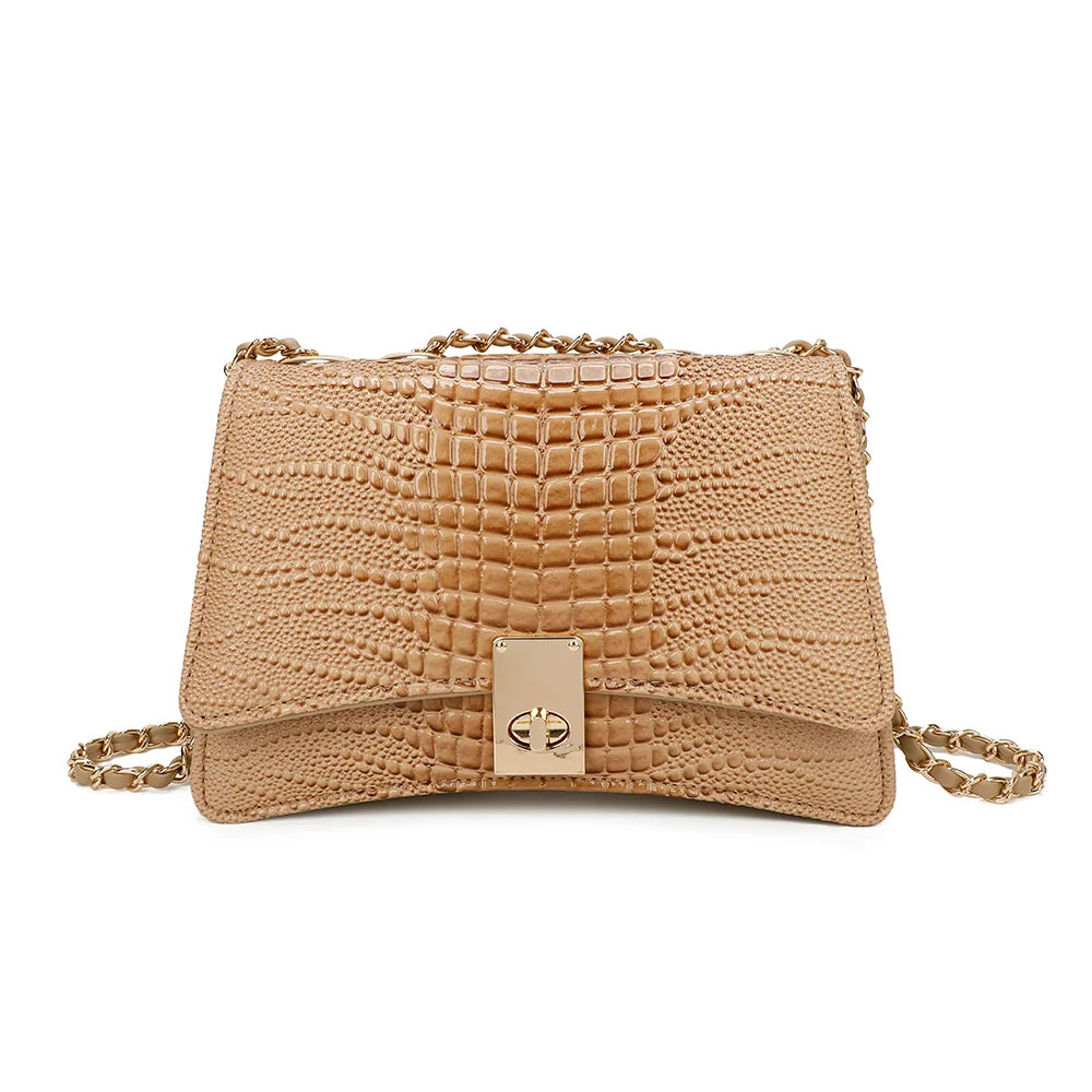 Sac à main femme Corail champagne effet croco, rabat et fermoir tournant doré – Gallantry Paris – réf. R-6661
