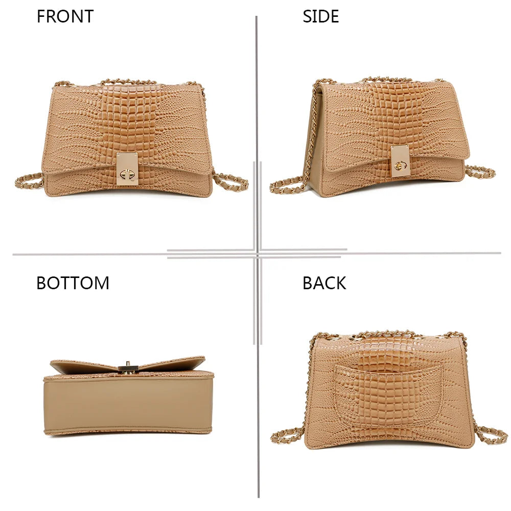 Corail champagne sous quatre angles : face, profil, dessous et dos du sac effet croco – réf. R-6661
