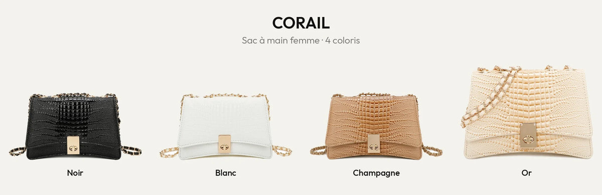 Sac à main femme Corail effet croco en noir, blanc, champagne et or – Gallantry Paris – réf. R-6661
