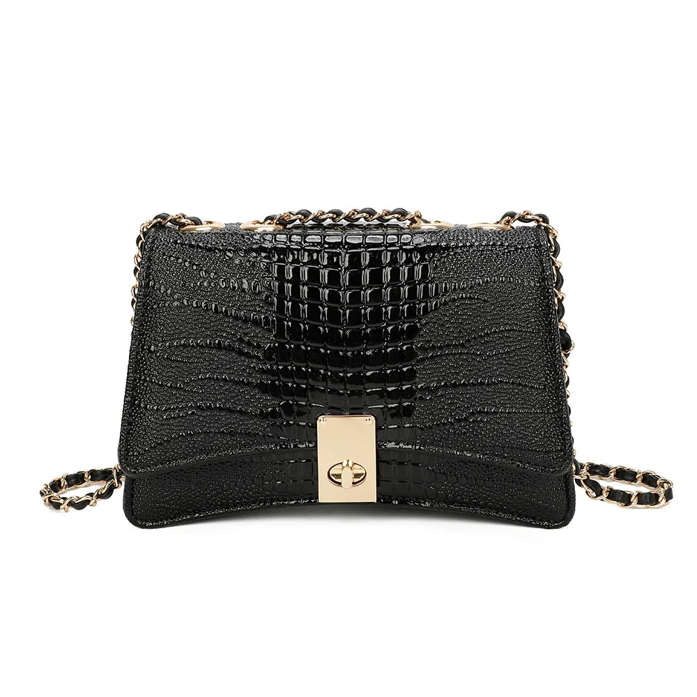 Sac à main femme Corail noir effet croco, rabat et fermoir tournant doré – Gallantry Paris – réf. R-6661