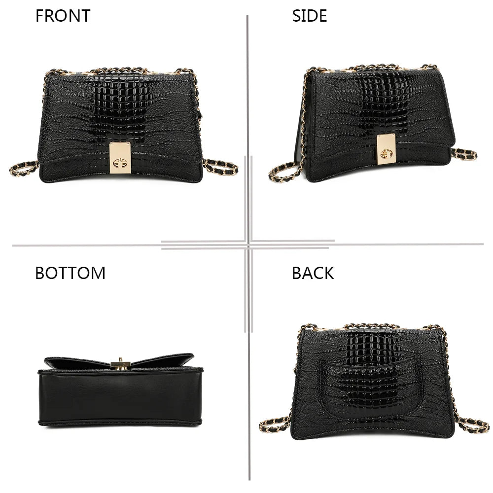 Corail noir sous quatre angles : face, profil, dessous et dos du sac effet croco – réf. R-6661