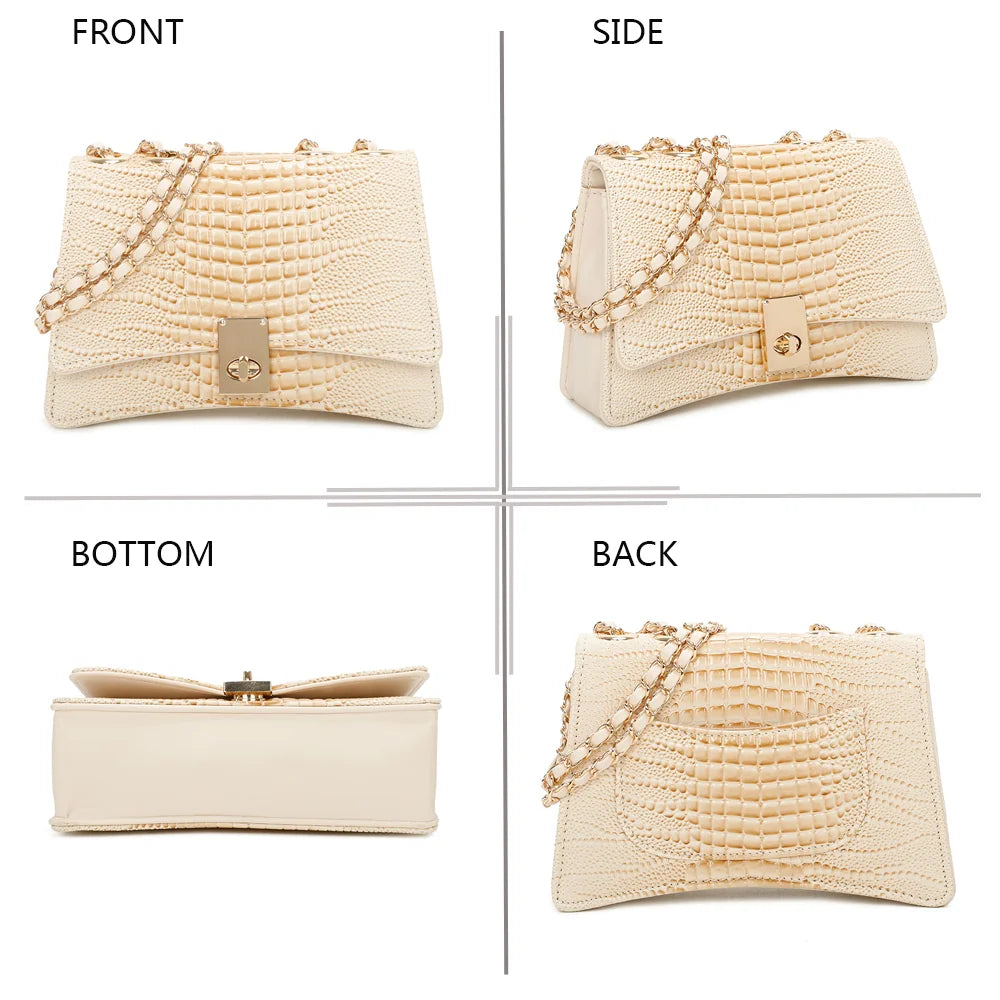 Corail or sous quatre angles : face, profil, dessous et dos du sac effet croco – réf. R-6661