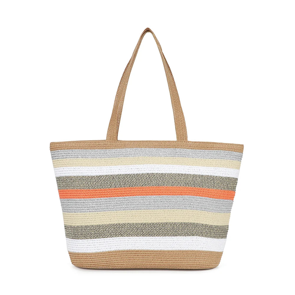 Sac cabas femme Côte Sauvage arc-en-ciel en matériau tressé à rayures, vu de face – Gallantry Paris – réf. HC-28001