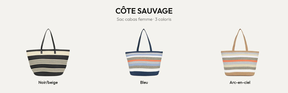 Sac cabas femme Côte Sauvage en trois coloris : Noir/Beige, Bleu et Arc-en-ciel – Gallantry Paris – réf. HC-28001