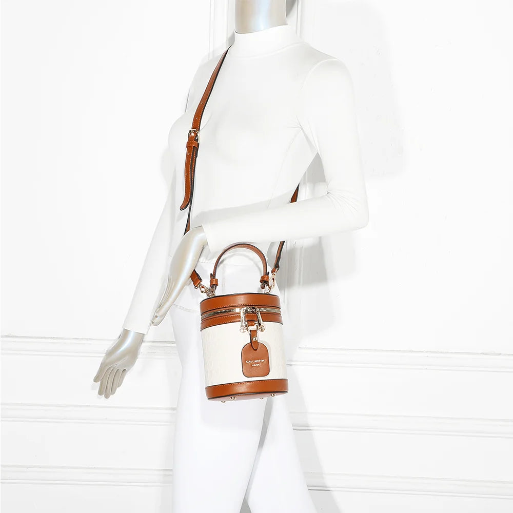 Sac à main femme Cylia marron/beige porté, format compact façon vanity-case et finitions dorées – réf. R-1958