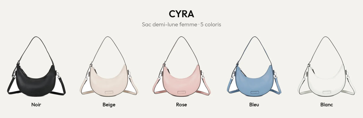Sac demi-lune femme Cyra en 5 coloris : noir, beige, rose, bleu et blanc – Gallantry Paris – réf. HJ-1768
