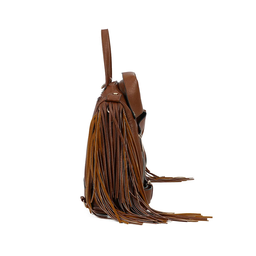 Profil du Dakota Frangé marron : 14 cm de profondeur et longues franges qui tombent le long des côtés