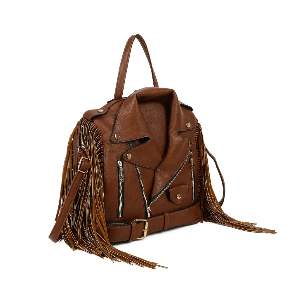 Dakota Frangé marron vu de trois quarts : silhouette structurée de veste motard et longues franges sur les côtés