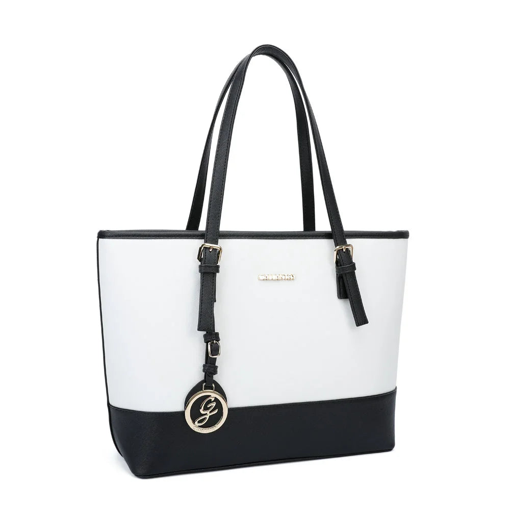 Sac cabas Déjà-vu blanc de trois quarts, deux longues anses et boucles dorées – réf. G-9227-9