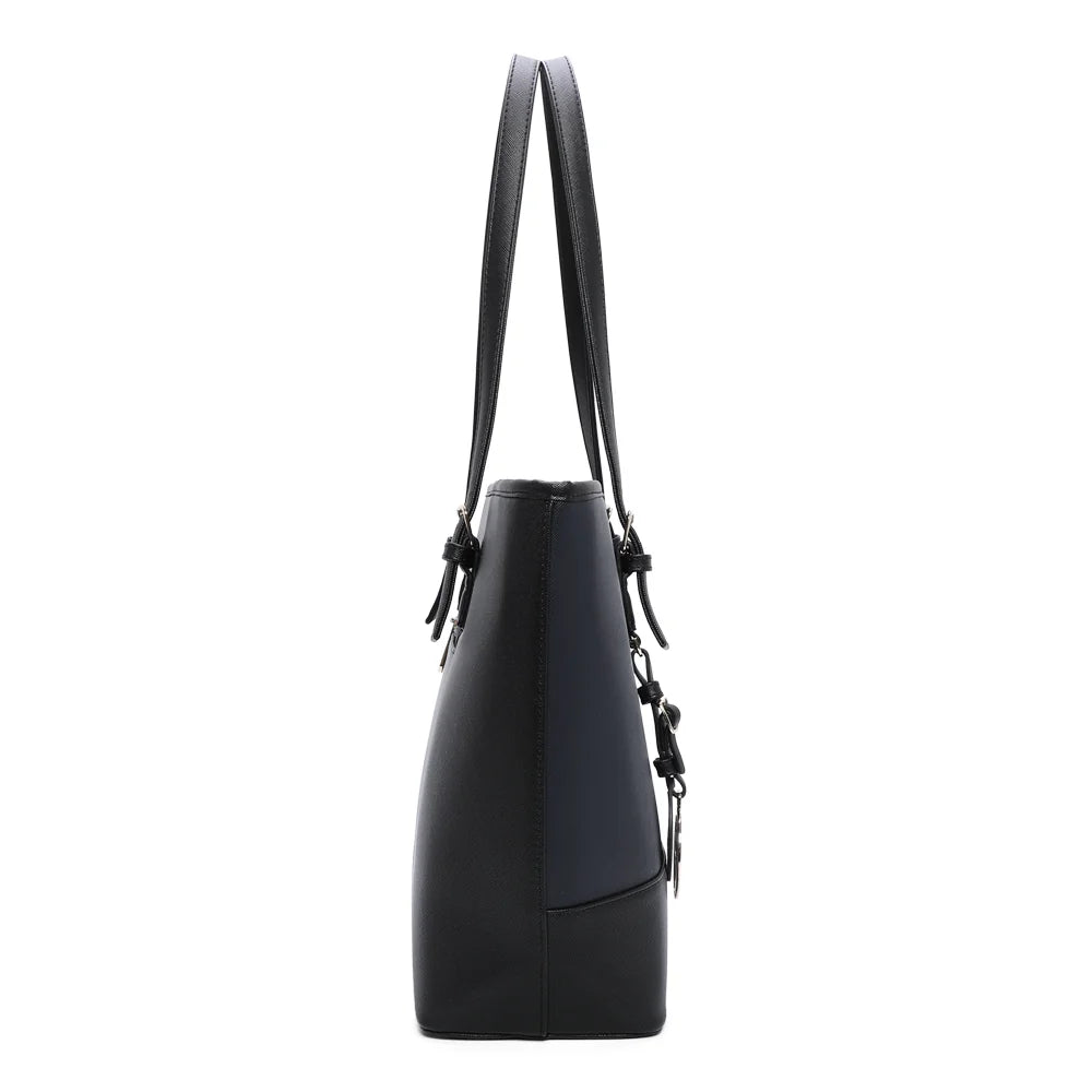 Sac cabas Déjà-vu bleu/noir de profil, forme tote à base large – réf. G-9227-9