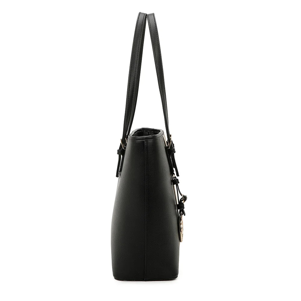 Sac cabas Déjà-vu noir/beige de profil, forme tote à base large – réf. G-9227-9