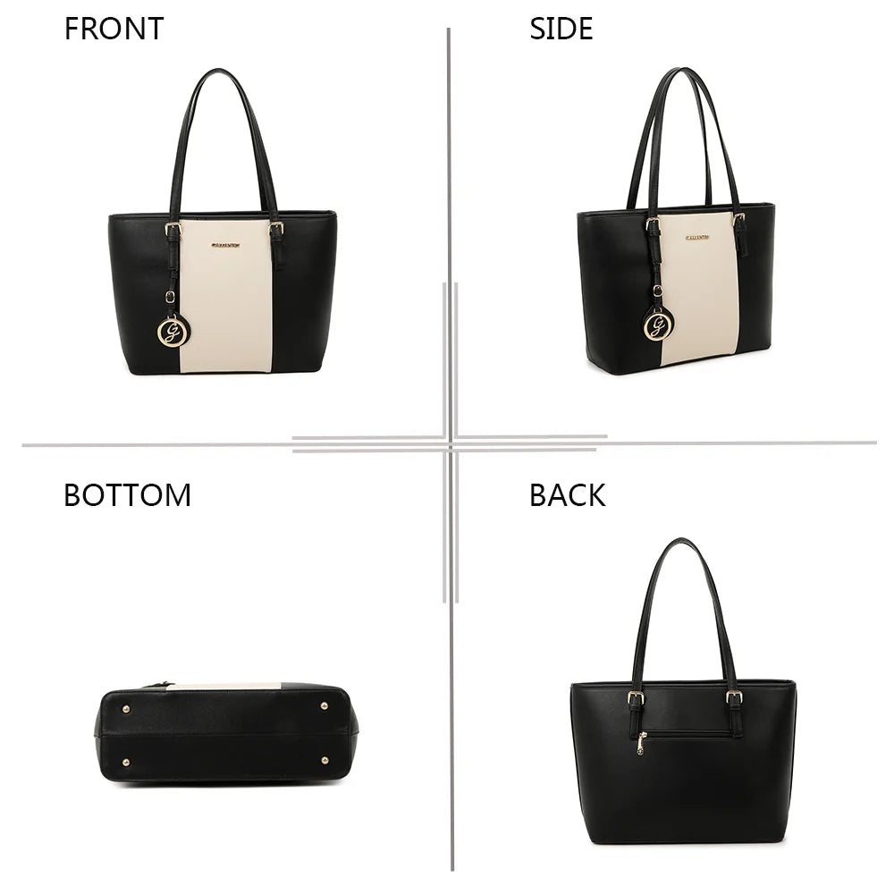 Sac cabas Déjà-vu noir/beige vu de face, de côté, de dessous et de dos – réf. G-9227-9
