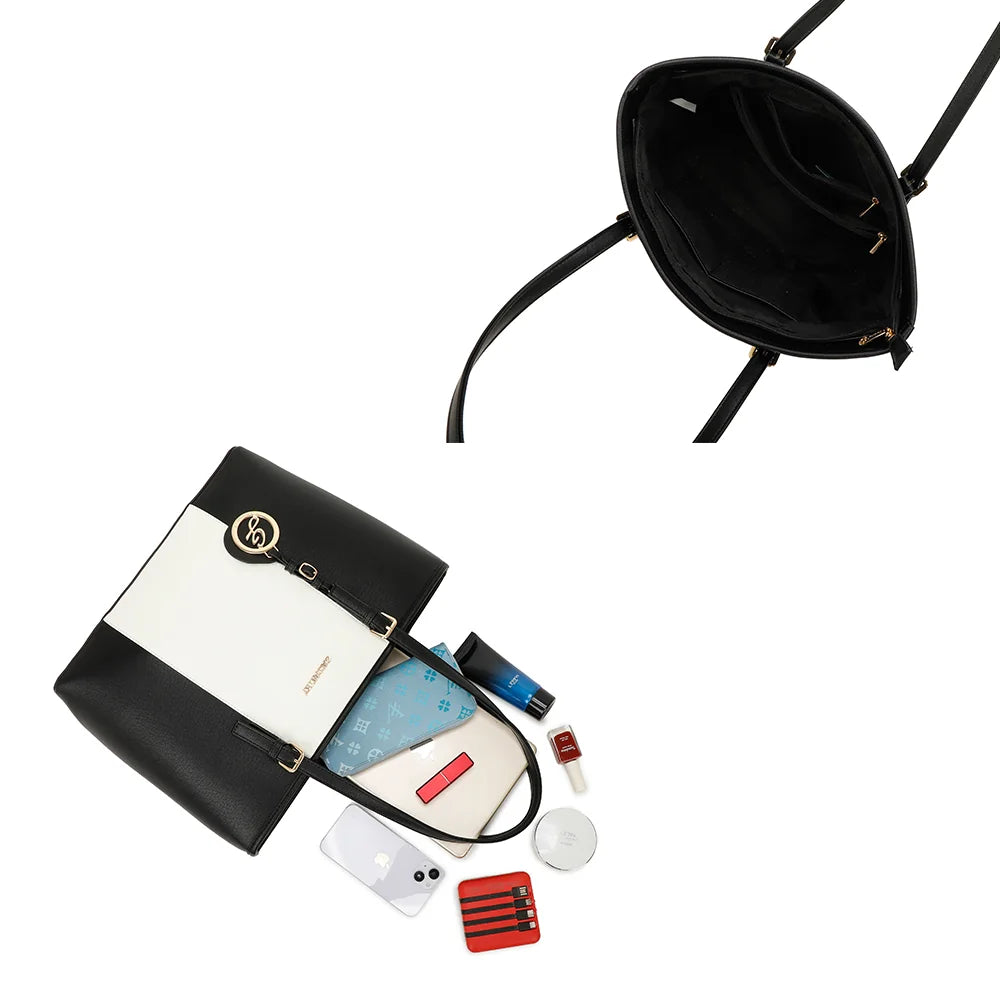 Intérieur du sac cabas Déjà-vu noir/blanc : fermeture éclair, poches intérieures et ce qu'il peut contenir – réf. G-9227-9