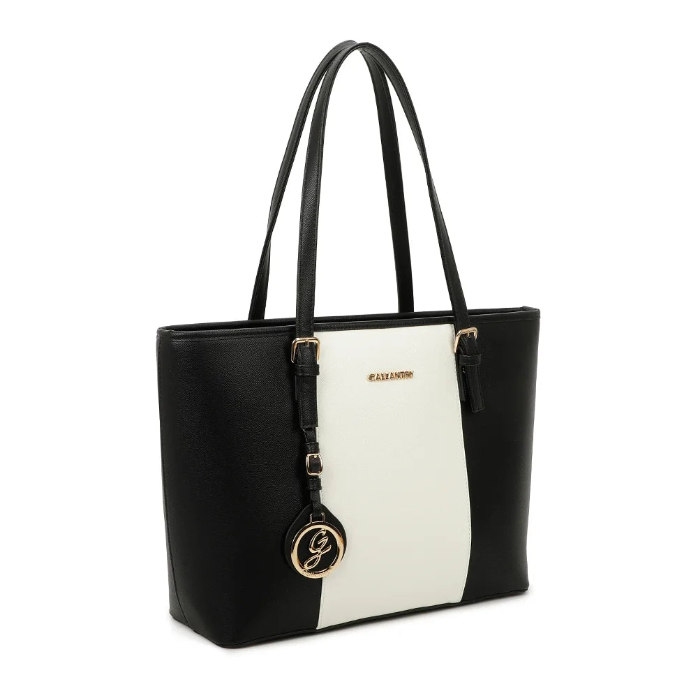 Sac cabas Déjà-vu noir/blanc de trois quarts, deux longues anses et boucles dorées – réf. G-9227-9