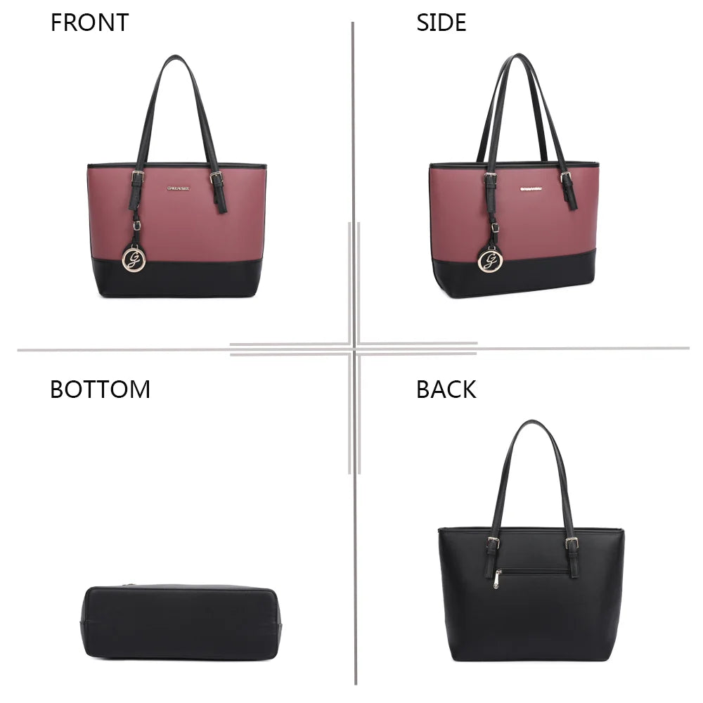 Sac cabas Déjà-vu rose foncé vu de face, de côté, de dessous et de dos – réf. G-9227-9
