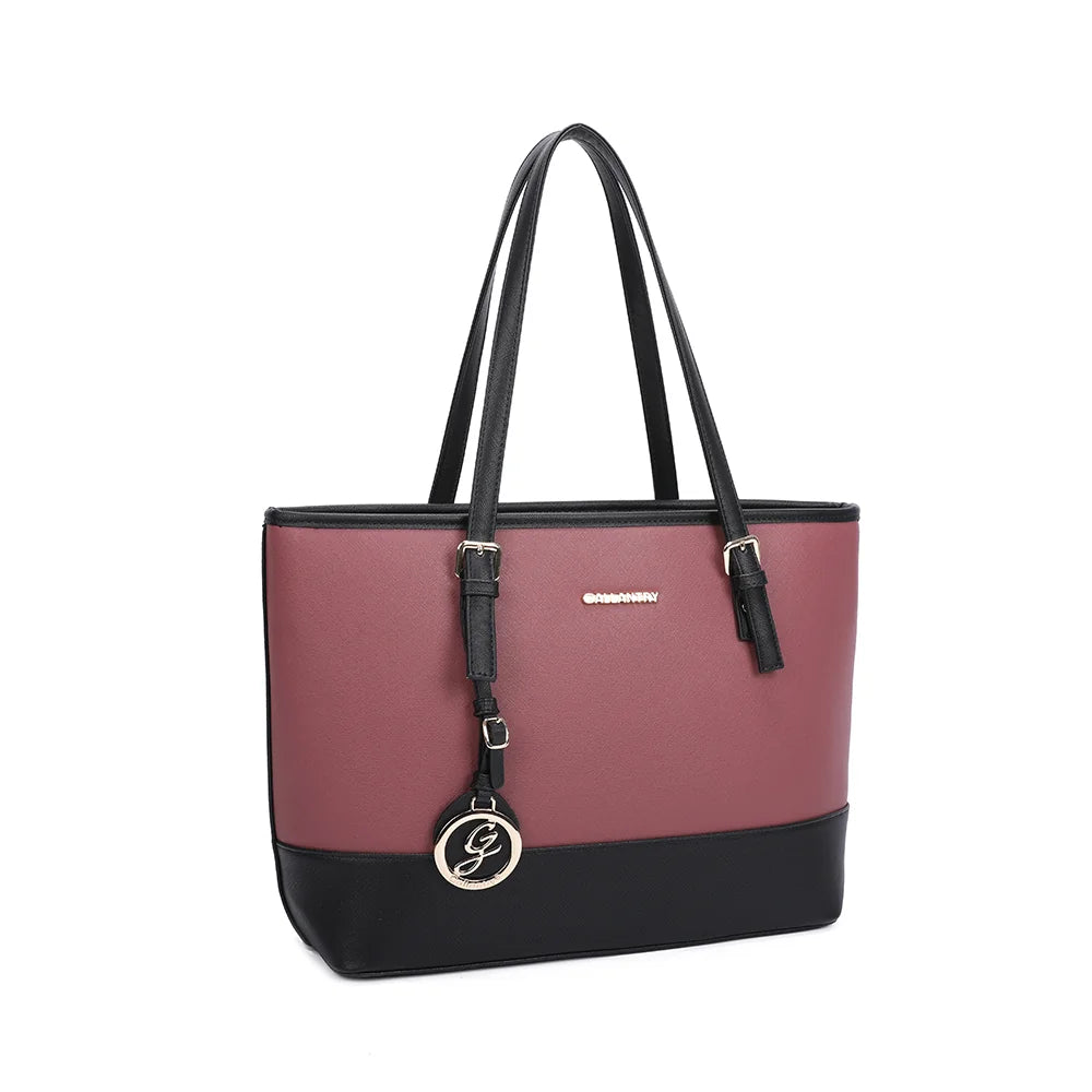 Sac cabas Déjà-vu rose foncé de trois quarts, deux longues anses et boucles dorées – réf. G-9227-9