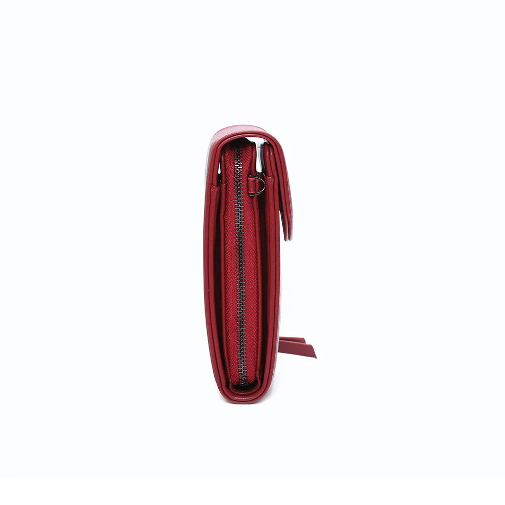 Profil du Délicate rouge : 4 cm d’épaisseur seulement, zip latéral et anneau d’attache de la bandoulière – réf. L-86011