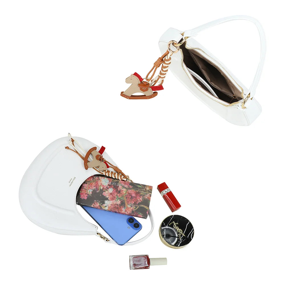Intérieur du Dolce Luna blanc : compartiment zippé pour téléphone, carnet et maquillage – réf. HS-43001