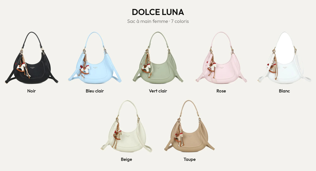 Sac à main demi-lune Dolce Luna en 7 coloris : noir, bleu clair, vert clair, rose, blanc, beige et taupe – Gallantry Paris – réf. HS-43001