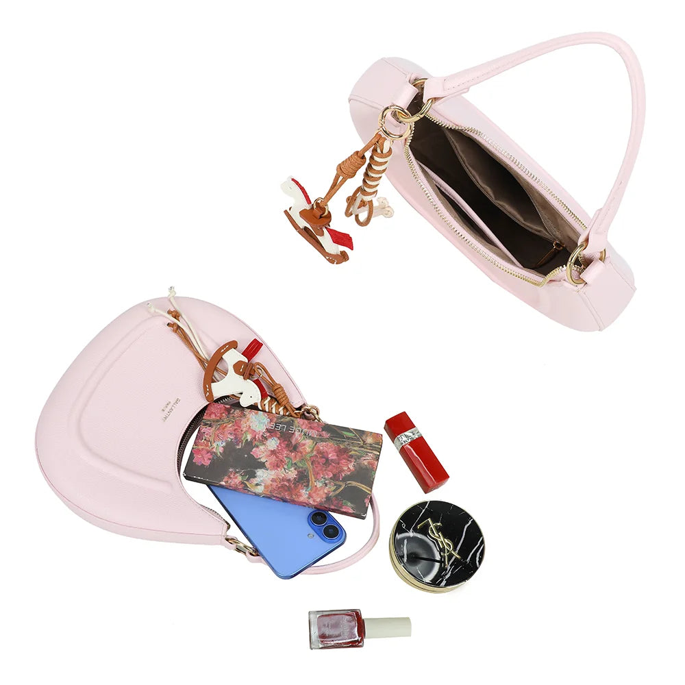 Intérieur du Dolce Luna rose : compartiment zippé pour téléphone, carnet et maquillage – réf. HS-43001