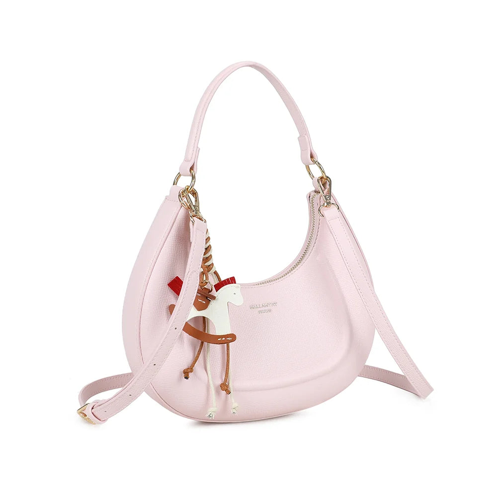Dolce Luna rose vu de trois quarts : silhouette demi-lune arrondie et poignée courte – réf. HS-43001
