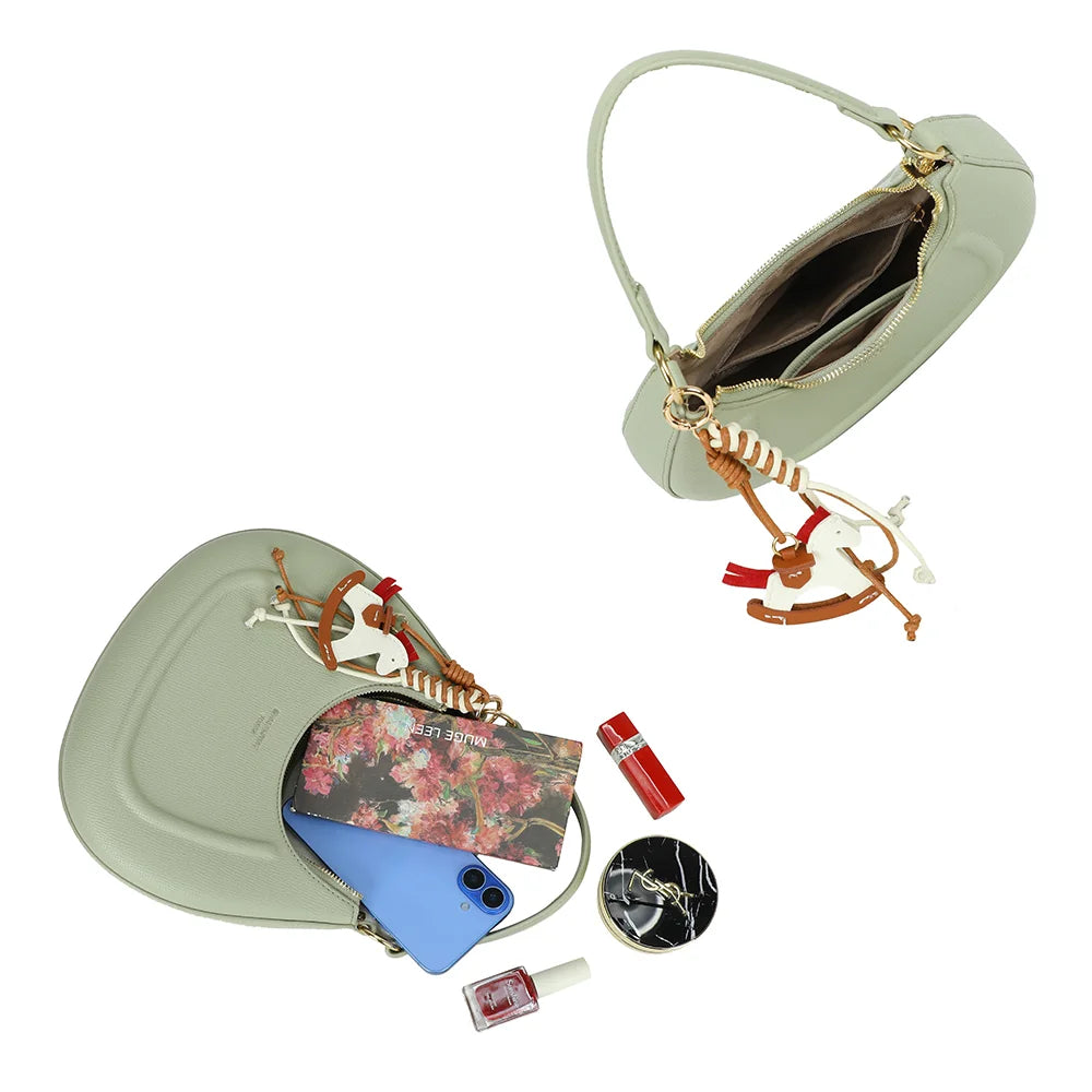 Intérieur du Dolce Luna vert clair : compartiment zippé pour téléphone, carnet et maquillage – réf. HS-43001