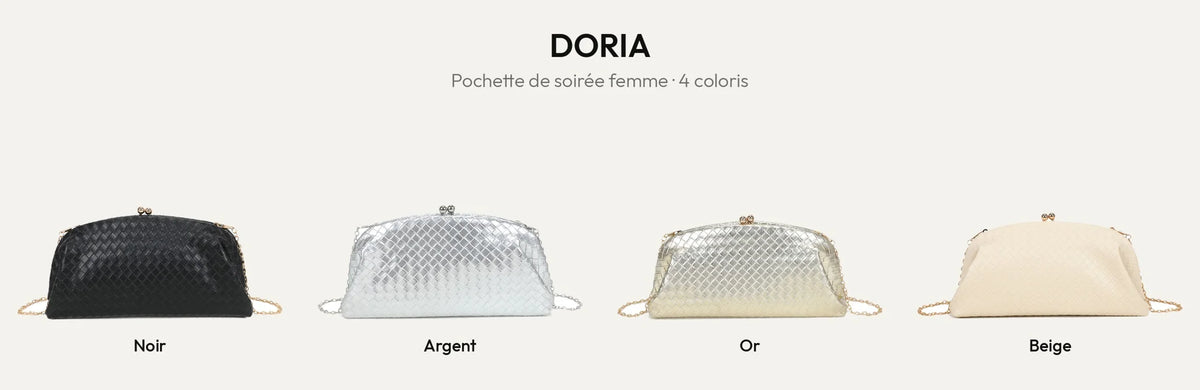 La pochette de soirée tressée Doria en 4 coloris : noir, argent, or et beige – Gallantry Paris – réf. LH-71005