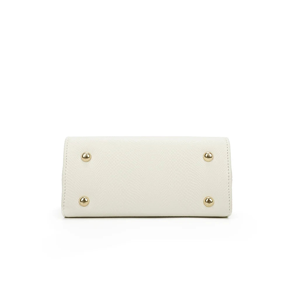 Dessous de l’Éclat Moderne blanc : base plate et rectangulaire posée sur de petits pieds dorés – réf. HY-5422