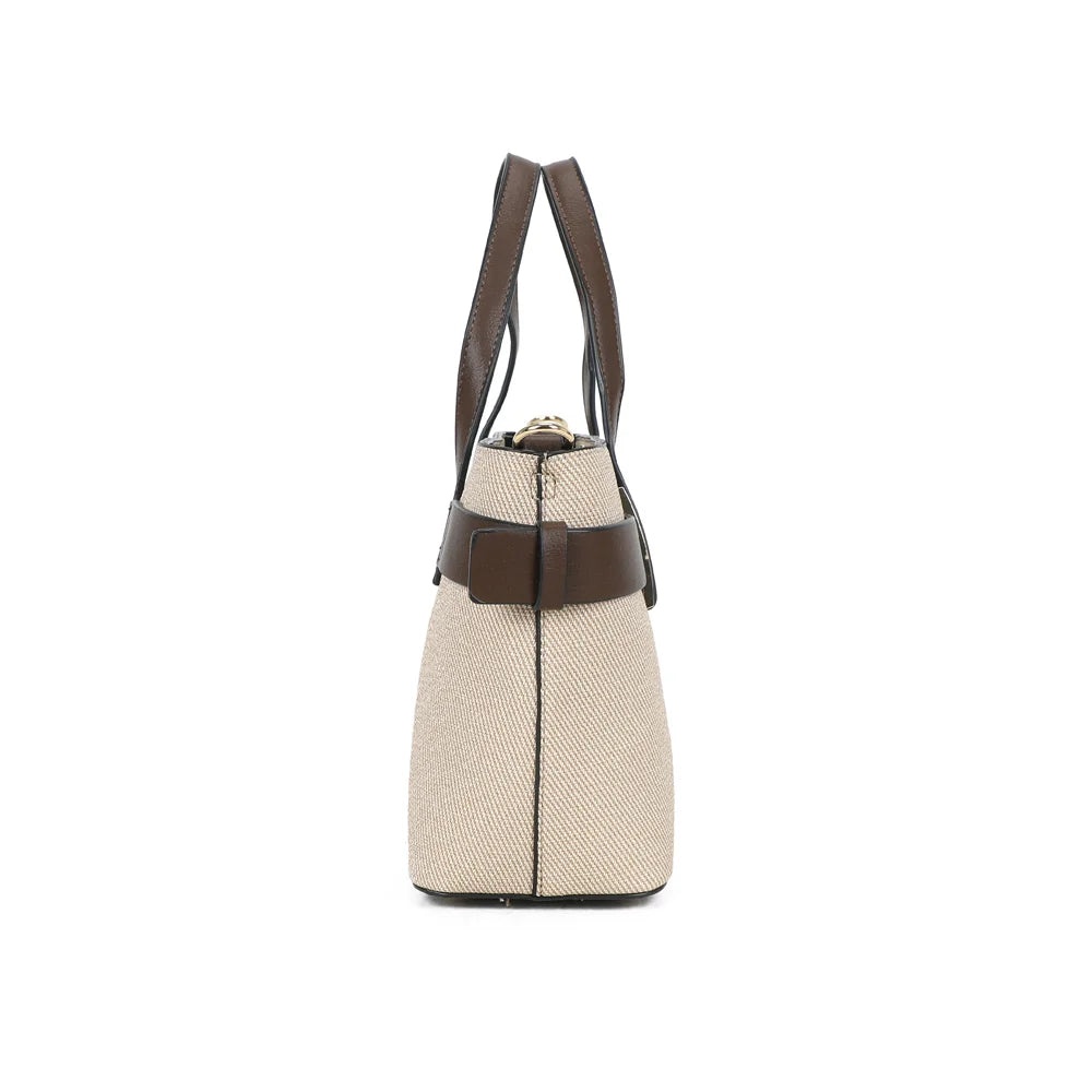Profil du sac Eden café : 10 cm de profondeur et anneaux dorés pour fixer la bandoulière amovible – réf. DQ-8714-1