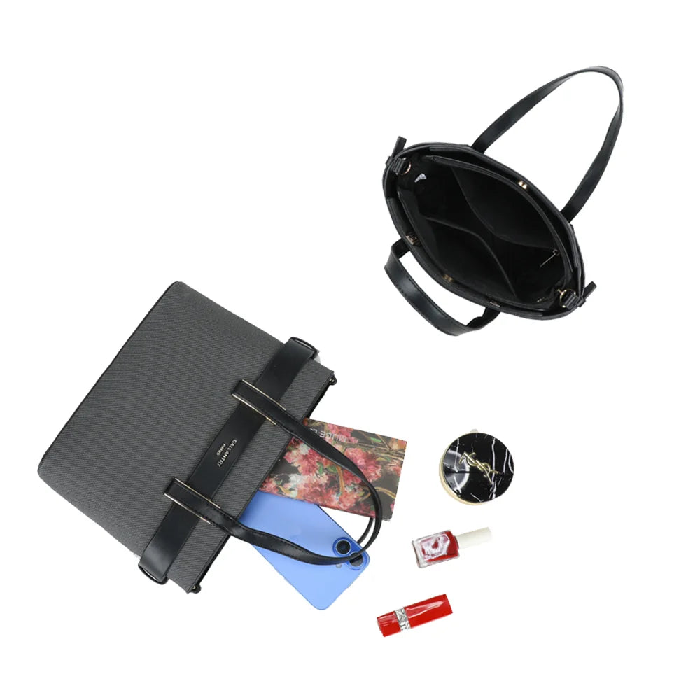 Intérieur du sac Eden noir : compartiment zippé et poches pour téléphone, carnet et maquillage – réf. DQ-8714-1