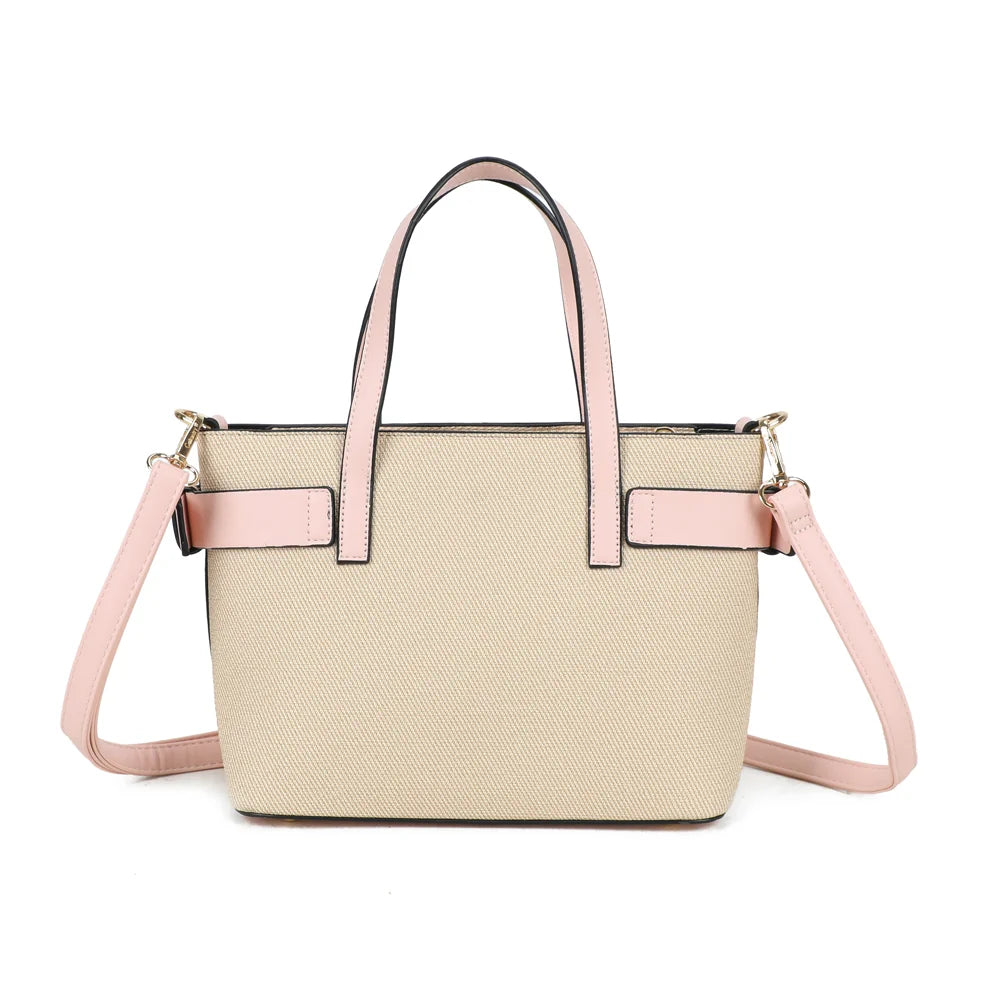 Dos du sac Eden rose : toile texturée et ceinture contrastée, même finition soignée que la face avant – réf. DQ-8714-1