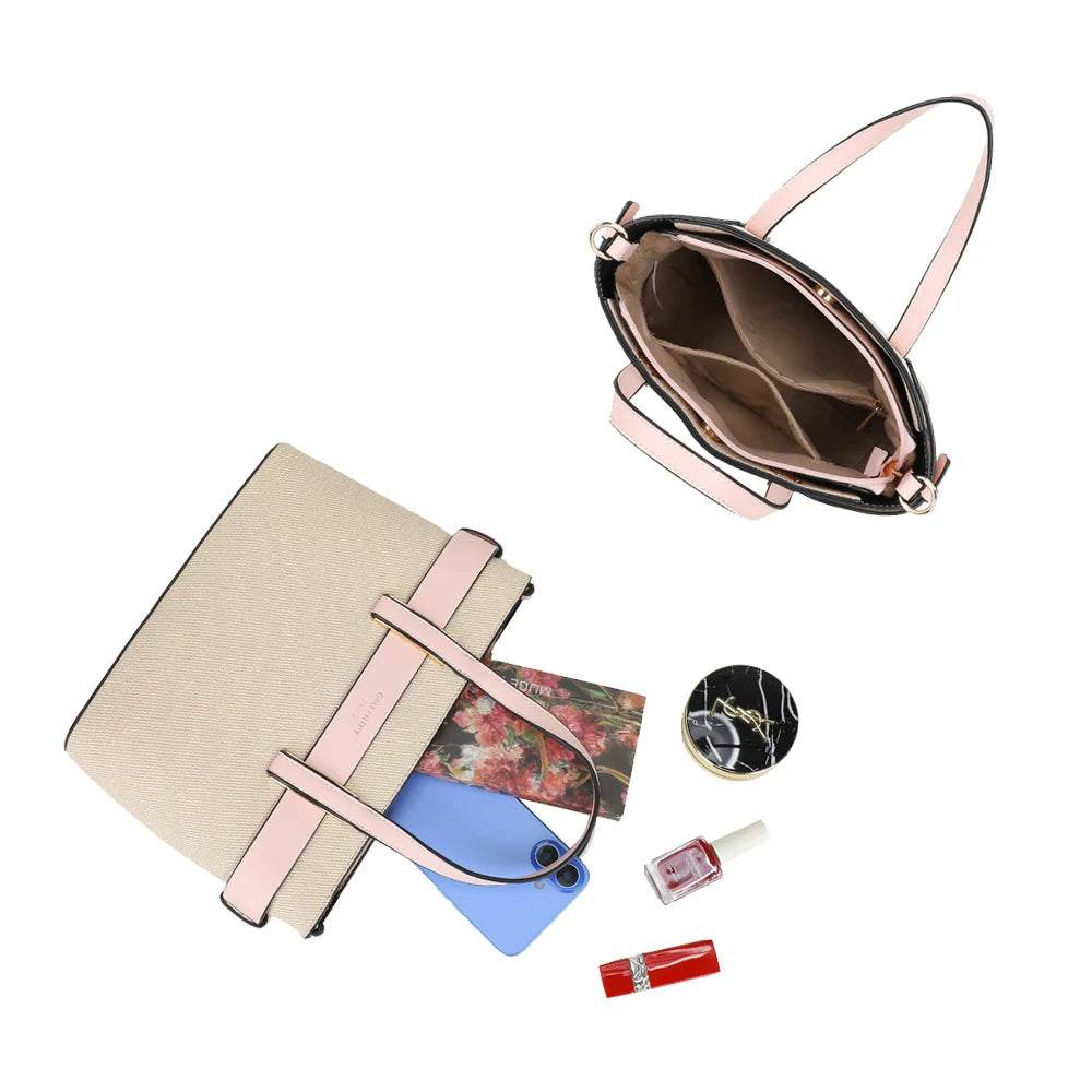 Intérieur du sac Eden rose : compartiment zippé et poches pour téléphone, carnet et maquillage – réf. DQ-8714-1