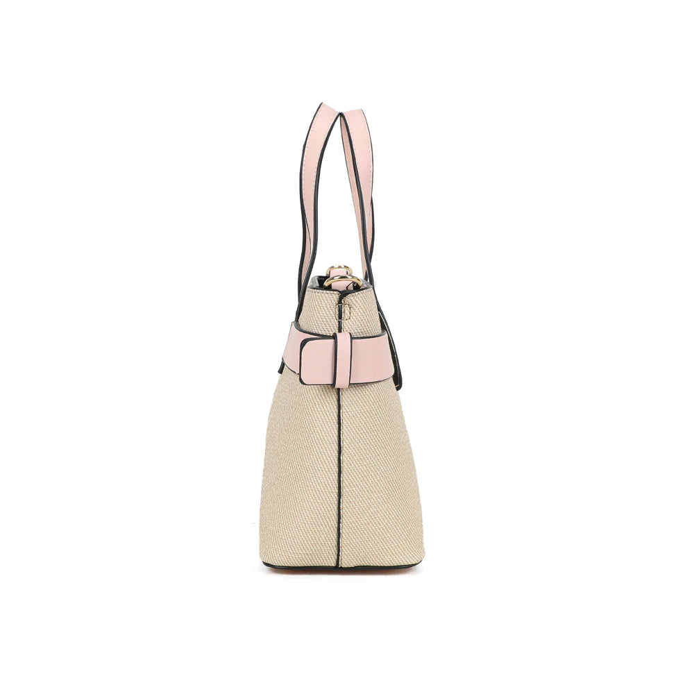 Profil du sac Eden rose : 10 cm de profondeur et anneaux dorés pour fixer la bandoulière amovible – réf. DQ-8714-1