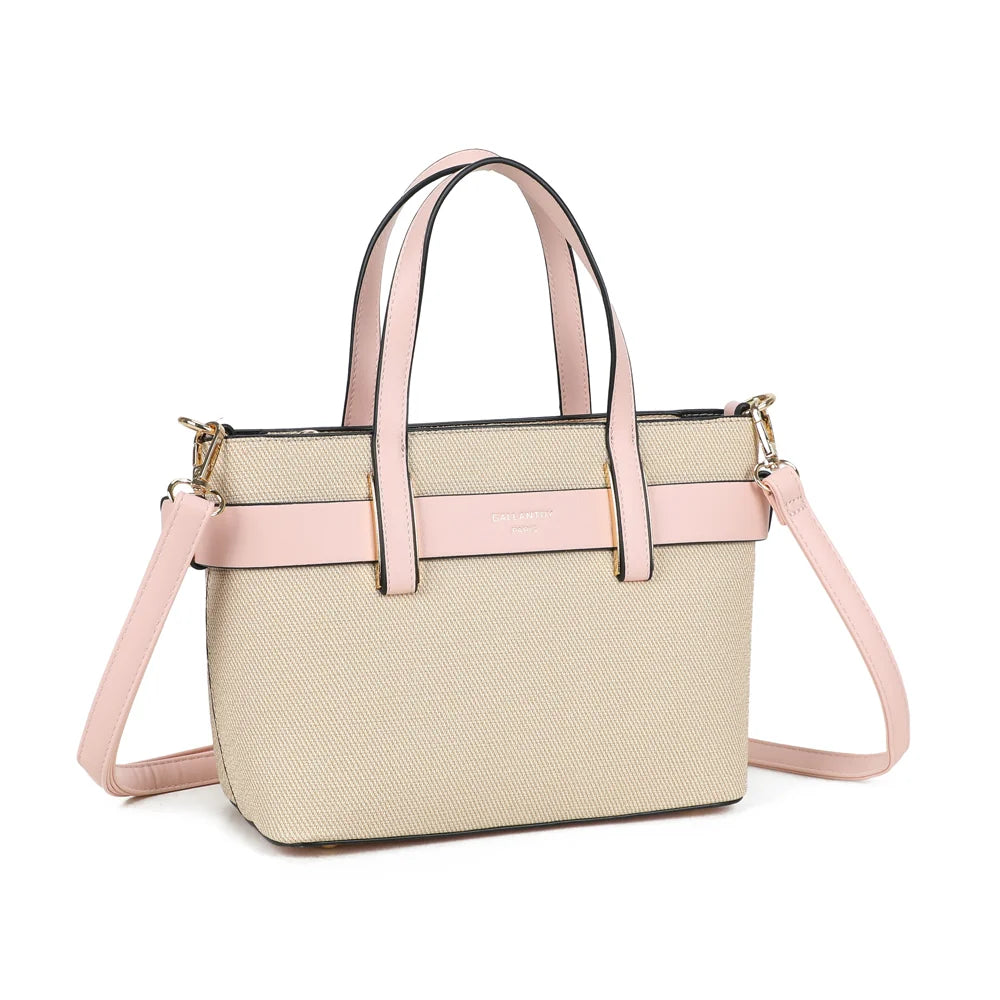 Eden rose vu de trois quarts : format structuré et ceinture contrastée qui fait le tour du sac – réf. DQ-8714-1