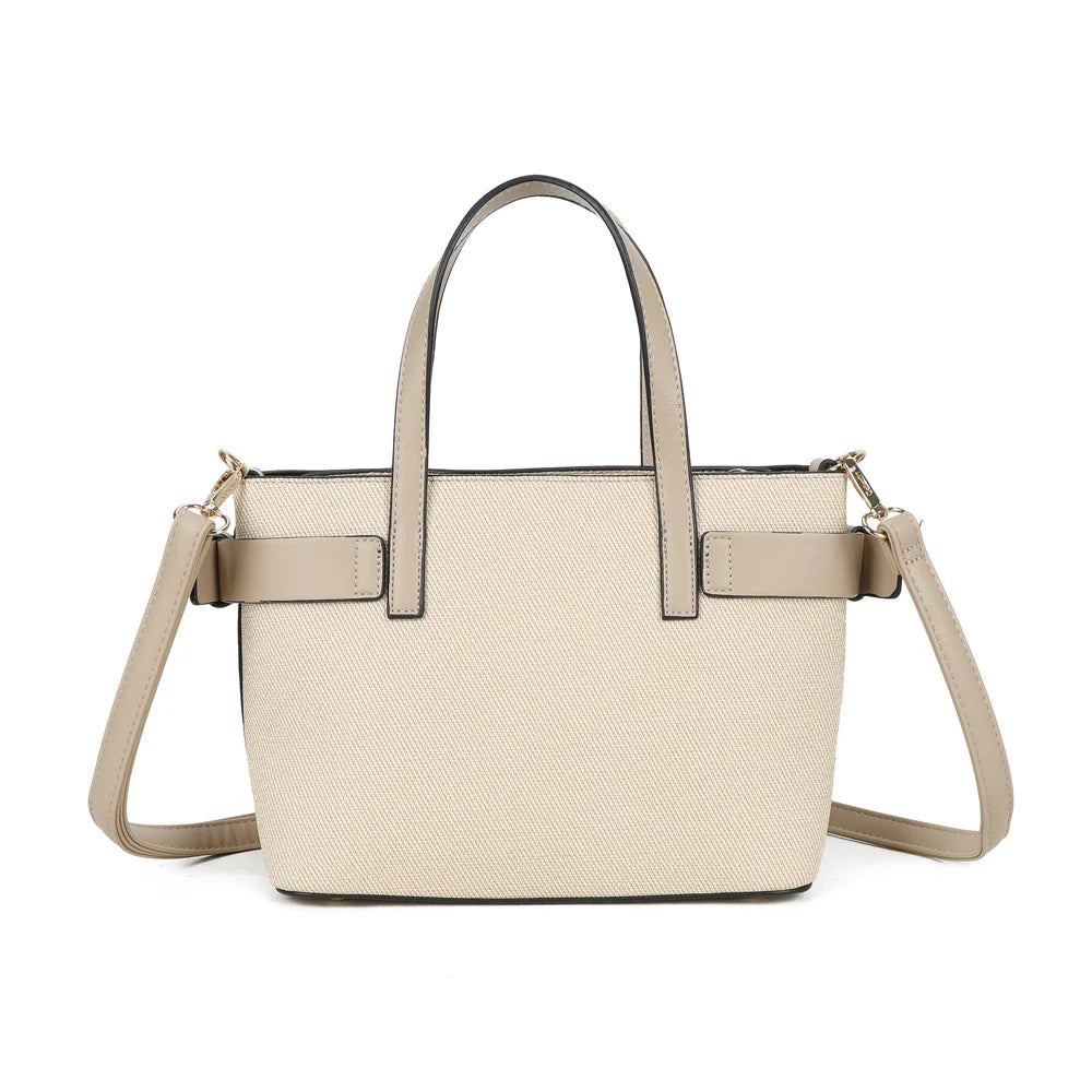 Dos du sac Eden taupe : toile texturée et ceinture contrastée, même finition soignée que la face avant – réf. DQ-8714-1