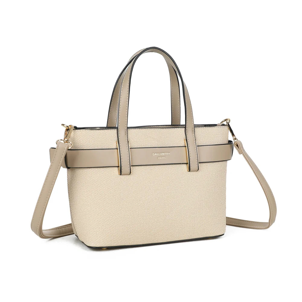 Eden taupe vu de trois quarts : format structuré et ceinture contrastée qui fait le tour du sac – réf. DQ-8714-1
