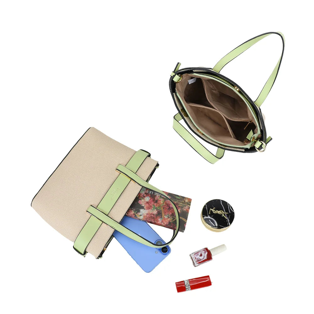 Intérieur du sac Eden vert clair : compartiment zippé et poches pour téléphone, carnet et maquillage – réf. DQ-8714-1
