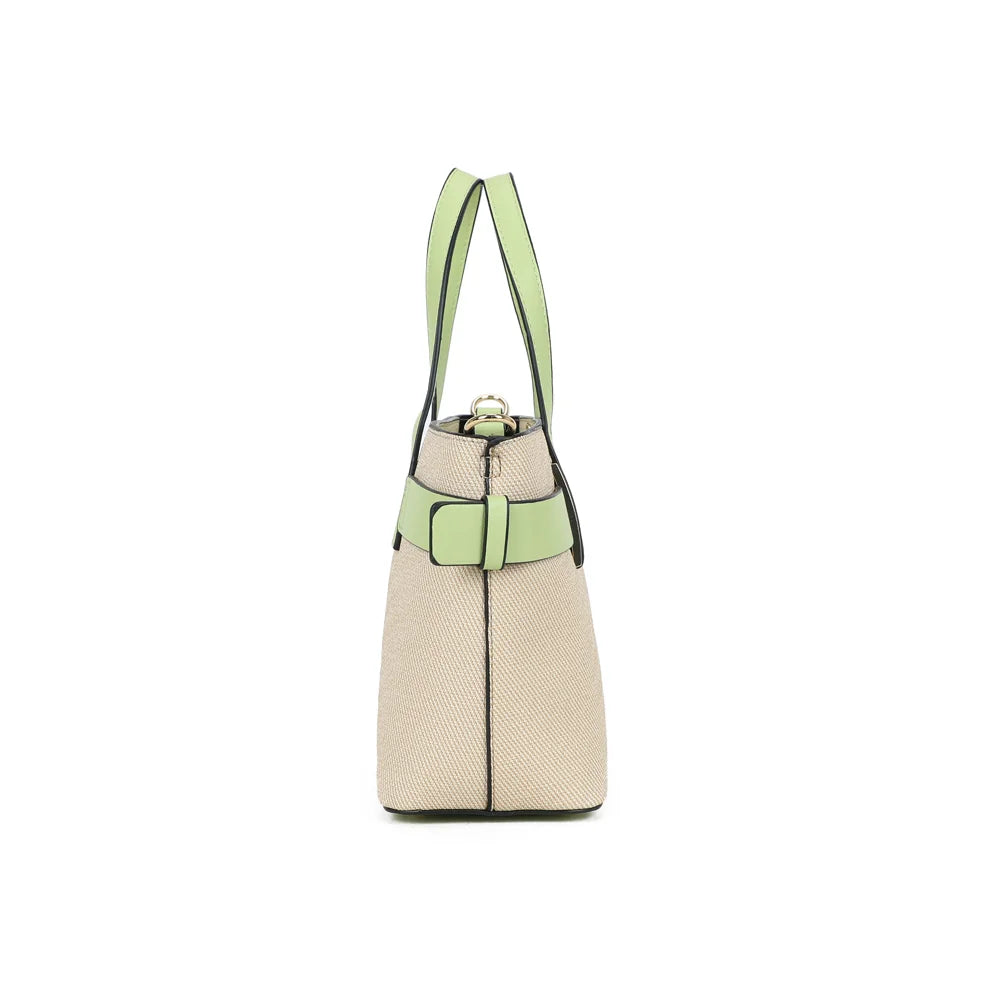 Profil du sac Eden vert clair : 10 cm de profondeur et anneaux dorés pour fixer la bandoulière amovible – réf. DQ-8714-1