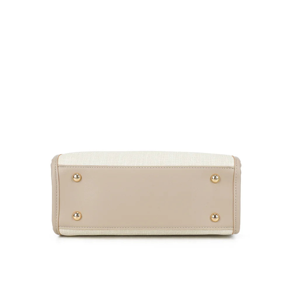 Dessous de l’Églantine beige/taupe : base plate posée sur des pieds métalliques dorés – réf. R-2036