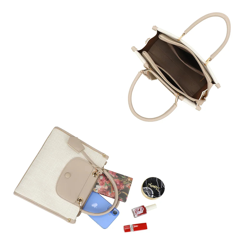 Intérieur de l’Églantine beige/taupe : compartiment zippé pour téléphone, carnet et beauté – réf. R-2036
