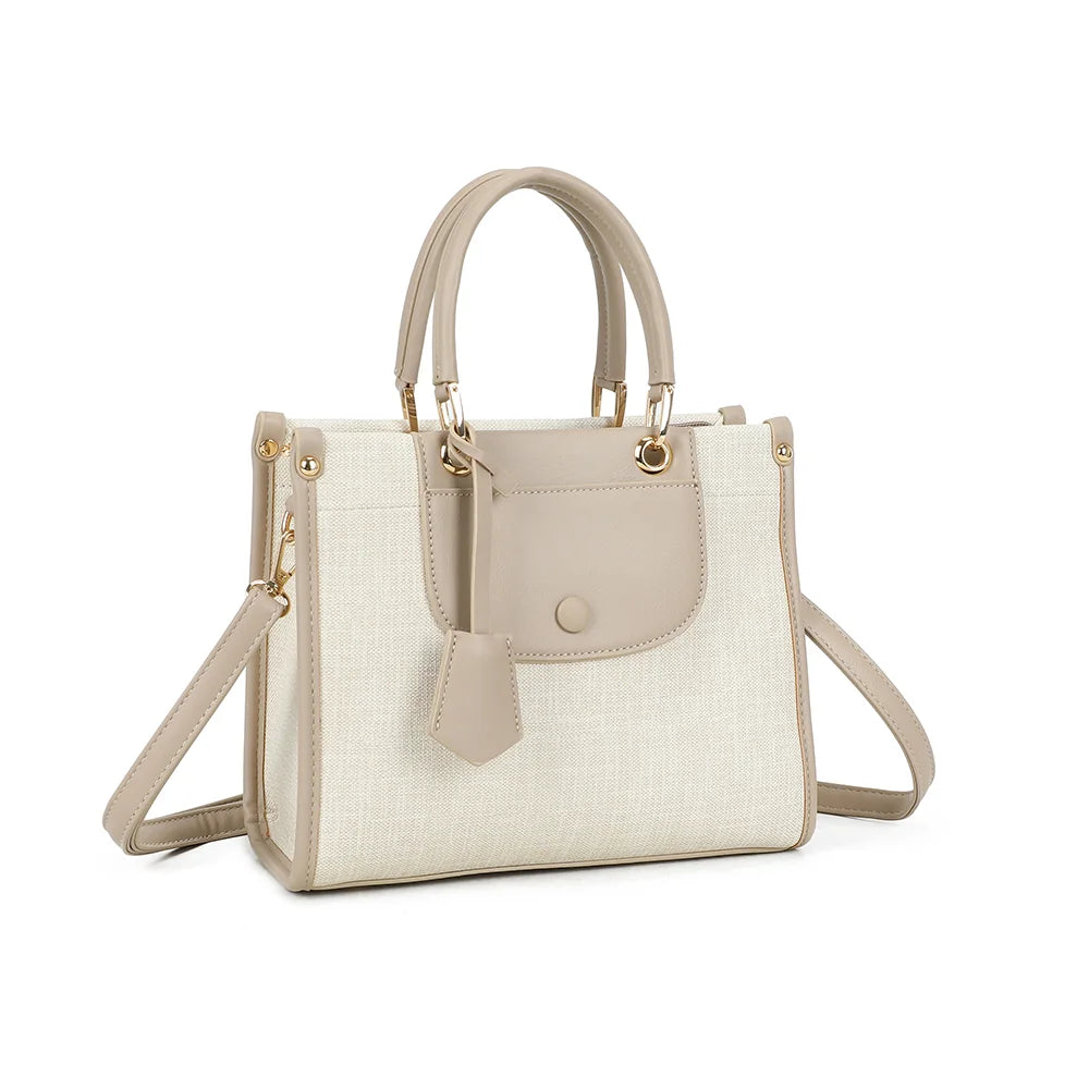 Églantine beige/taupe de trois quarts : silhouette structurée, rivets dorés et deux anses arrondies – réf. R-2036